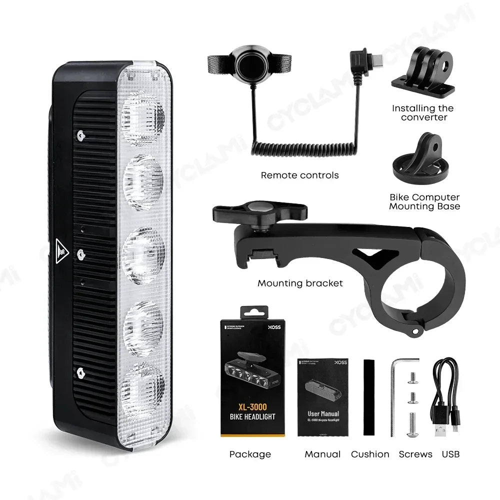 XOSS Bike Light Highlight 3000LM Bicycle Front Light Type-C MTB Road Bike Handlebar Flashlight Bicycle Accessories