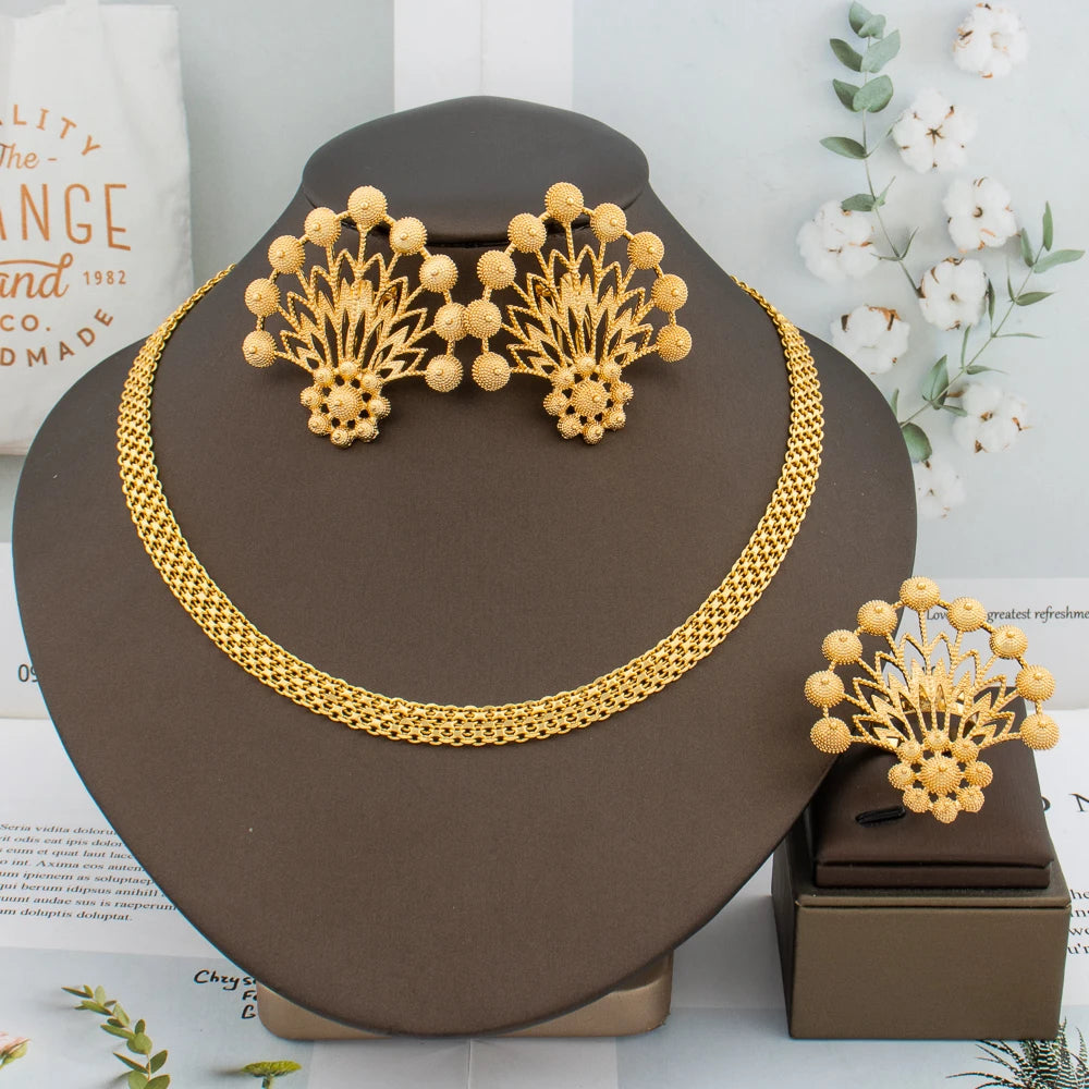 Luxury Handmade Big Earrings Ring Set 18K Gold Plated Dubai Chain Wedding Jewelry Bridal Accessory Arab Turkis Earrings Women