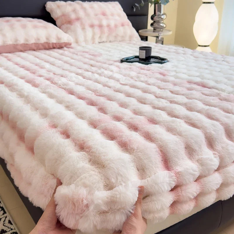 2024 new thickened rabbit plush mattress single piece winter warm plush sheet cover all-inclusive mattress protective cover
