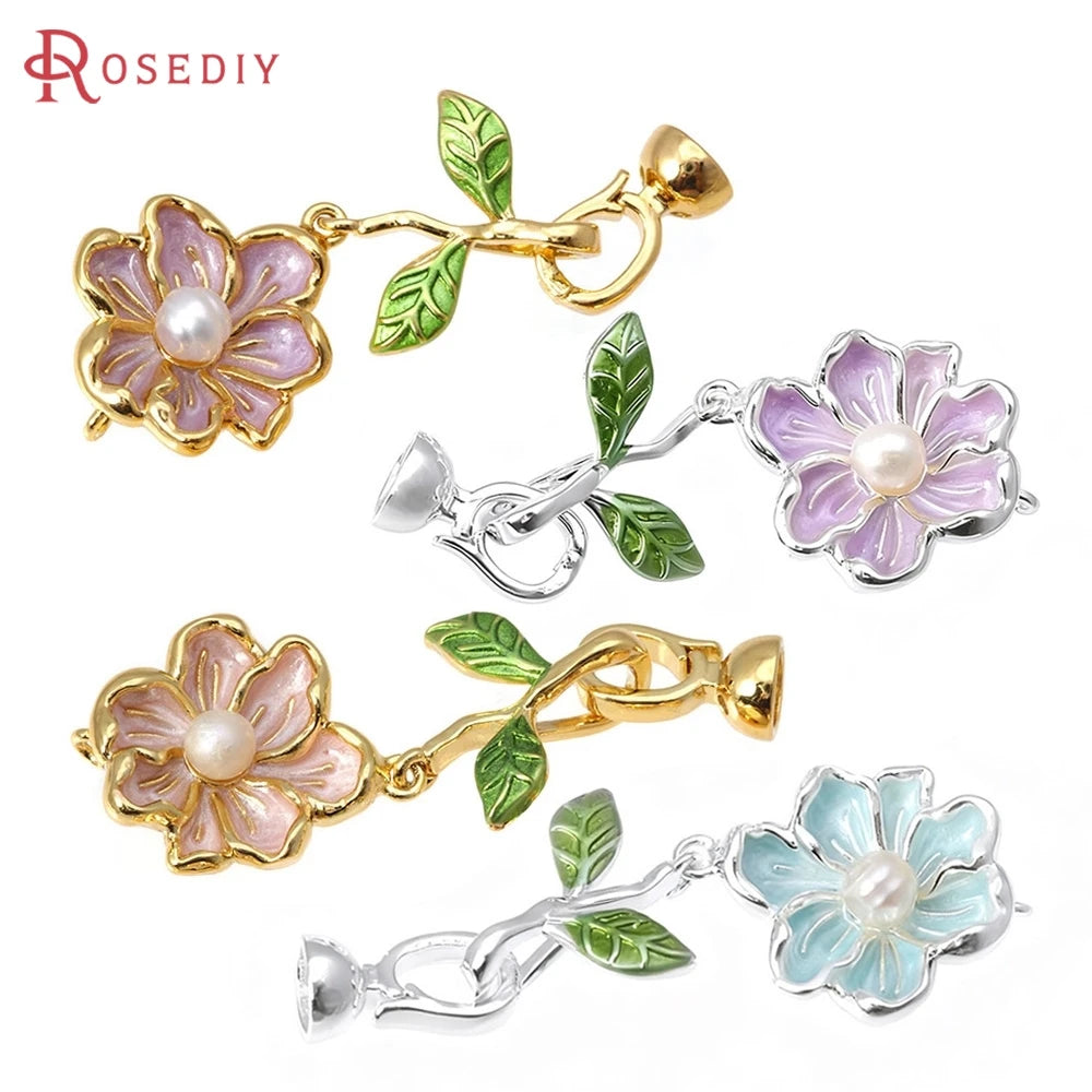 2 Sets 18K Gold Color Brass with Oil Paintings Plastic Imitation Pearls Flower Connect Clasps for Leather Rope Jewelry Making