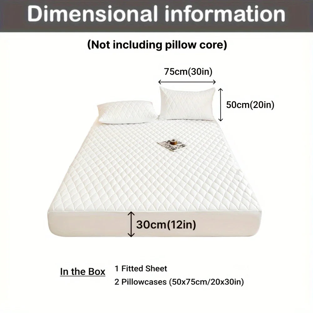 3pcs Waterproof Bed Sheet Set (1 Fitted Sheet + 2 Pillowcases, Without Core) Breathable Soft Thickened Mattress Protector