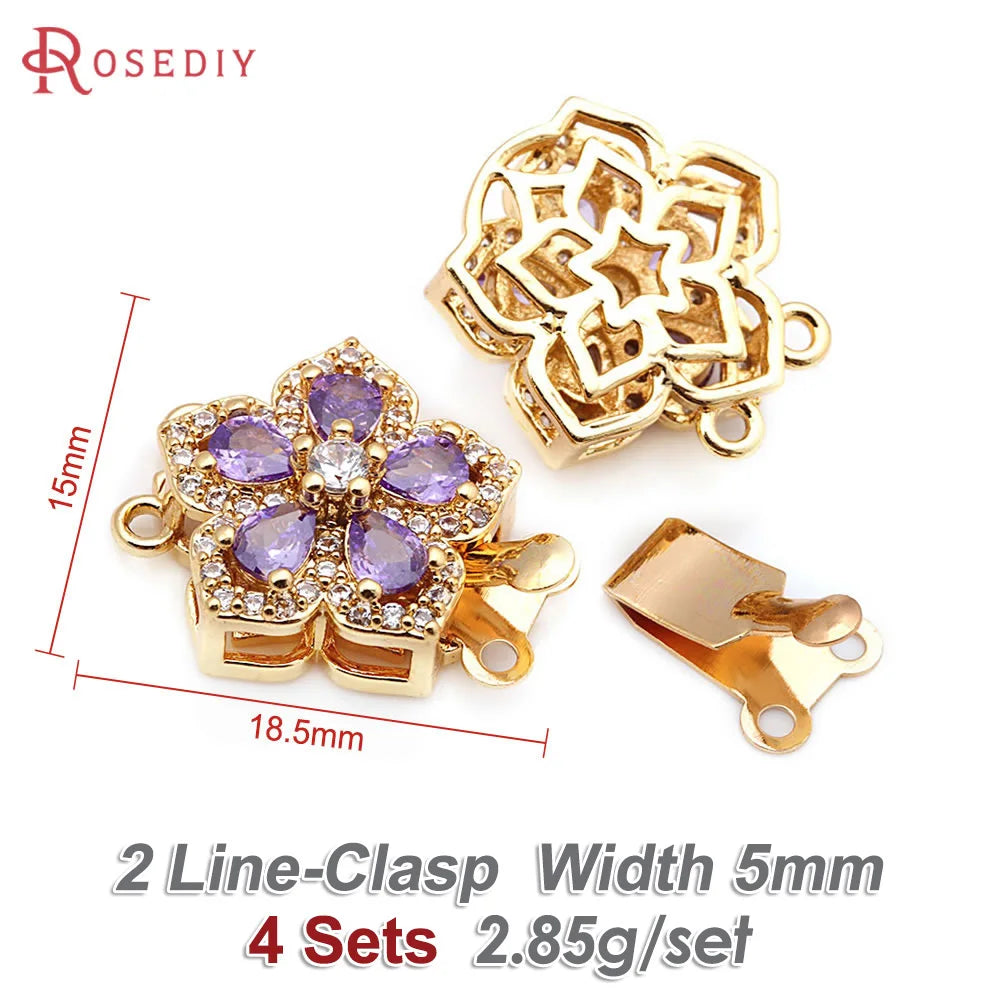 4 Sets Full Size 21x15MM 18K Gold Color Brass Zircon Flower Necklaces Connect Clasps High Quality Diy Jewelry Making Supplies