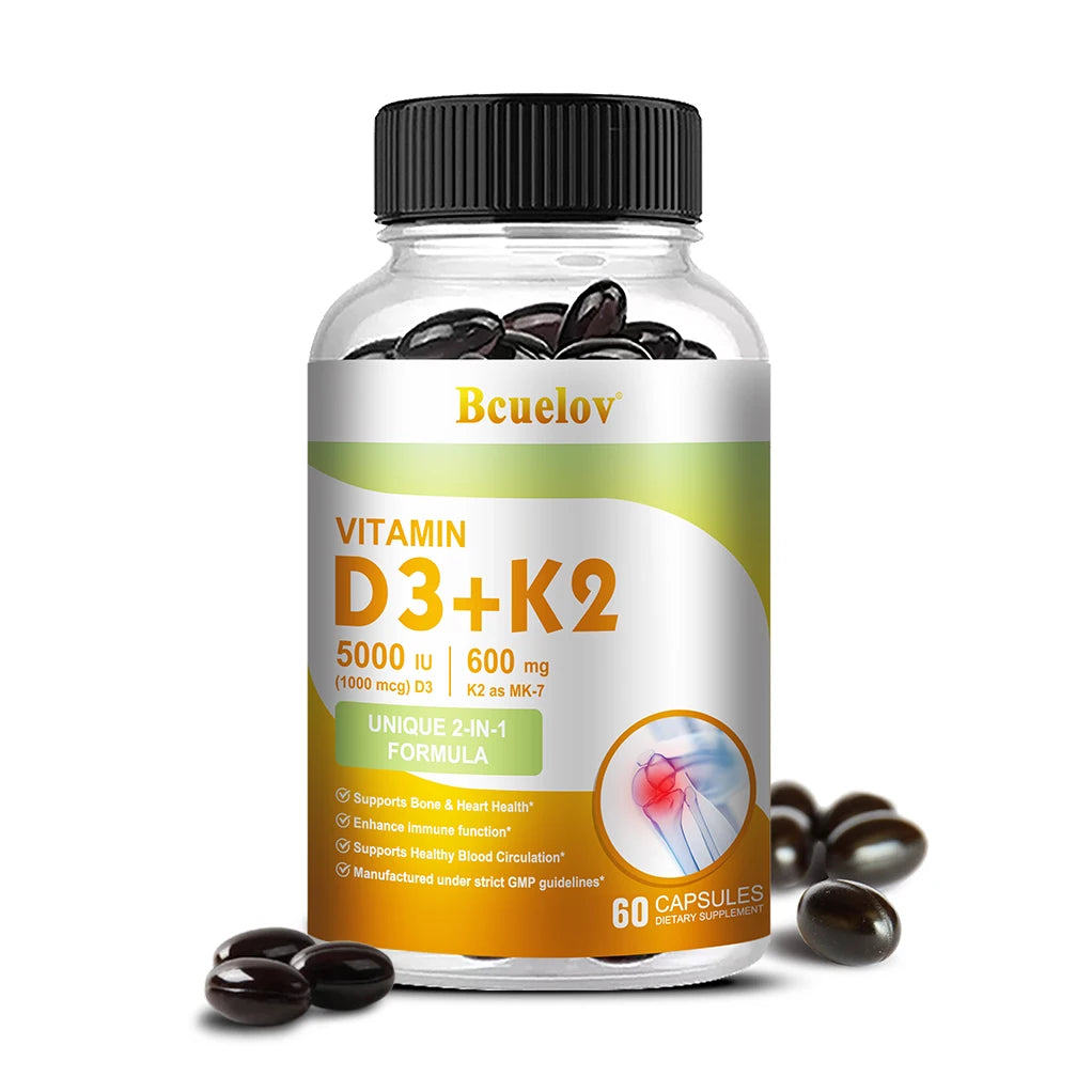 Bcuelov Vitamin D3+K2, 5000 IU Vitamin D3, non-GMO formula, easy-to-swallow vitamin D and K complex dietary supplement