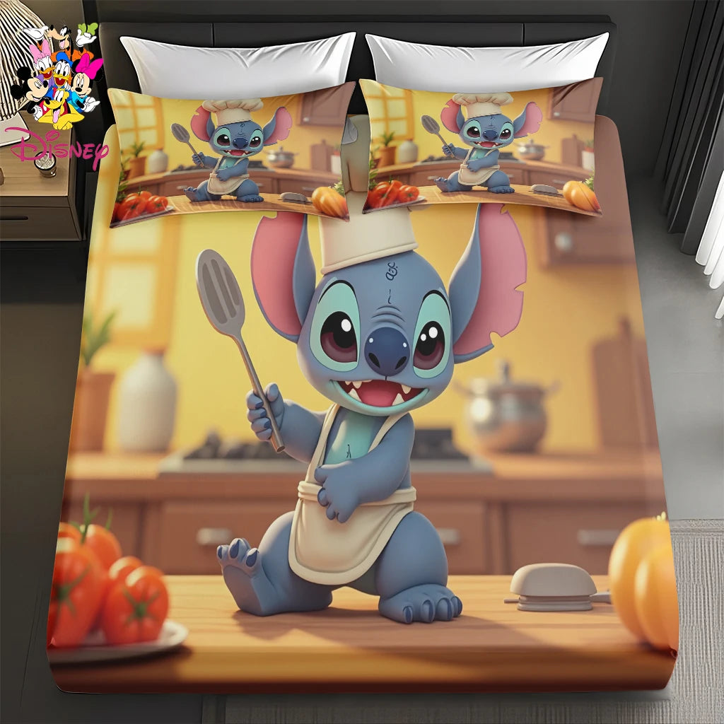 2/3pcs Disney Stitch Chef Fitted Sheet Set 100% Polyester Skin-Friendly & Breathable Bedding Comfortable Cute Soft