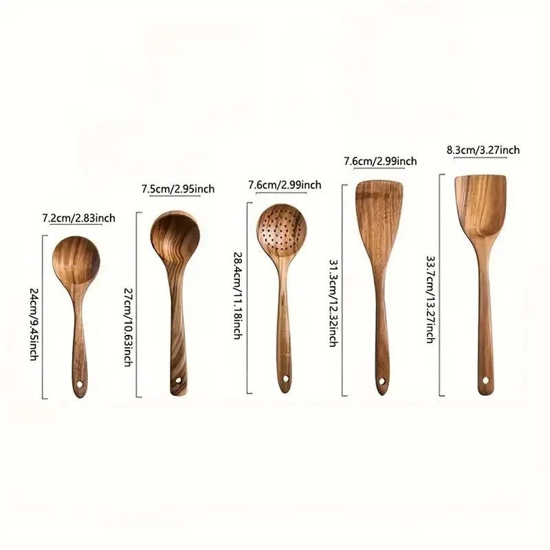 5 Pcs Natural Wooden Utensil Set, Safe for Non-Stick Pans. Kitchen Cooking Spatula Spoon Turner, 37cm