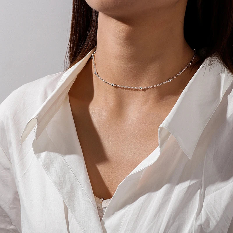 Aihua Simple Copper Beads Chain Choker Necklace for Women Men Kpop Fashion Silver Color Small Ball Short Clavicle Chain Necklace