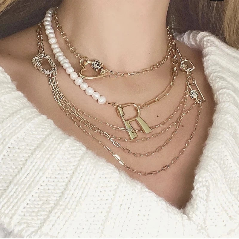 Juya 18K Gold Plated 26 Alphabet Letters Pendant Fasteners Bolt Carabiner Clasps For DIY Women Mesh Chains Name Jewelry Making