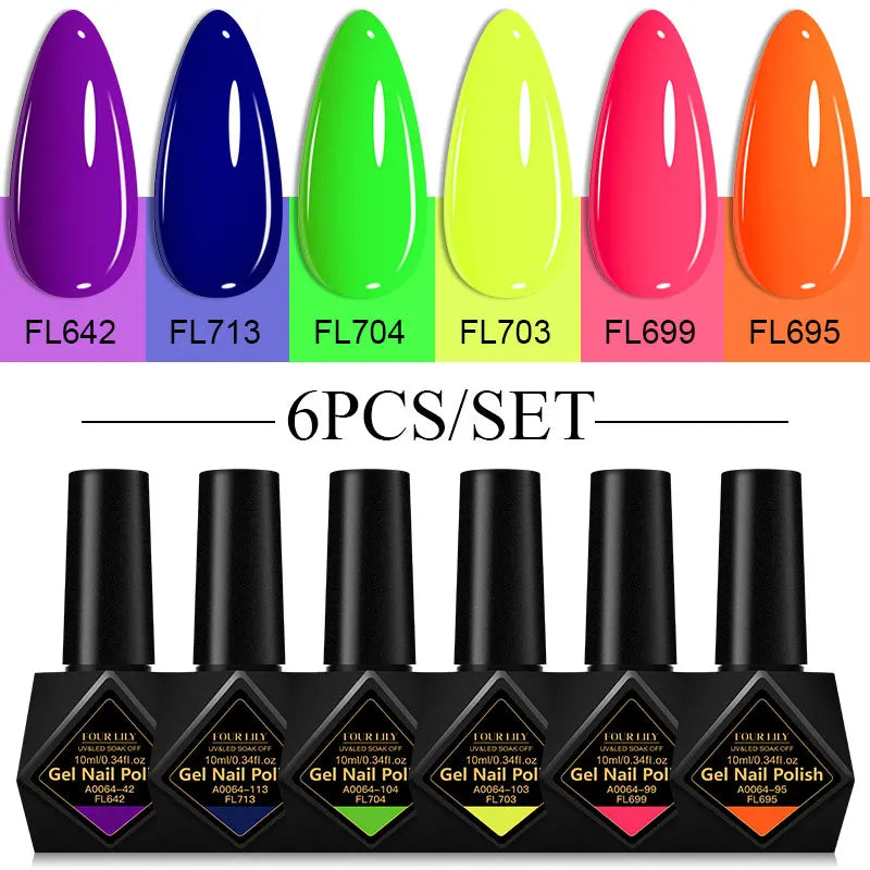 6Pcs/Set 10ML Gel Nail Polish Set Bright Pink Glitter Semi Permanent Soak Off UV LED Gel Varnish Nail Art Design Manicure Kit