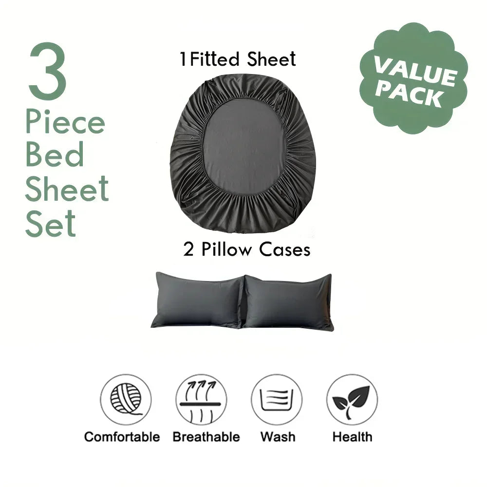 3pcs Cotton Fitted Bed Sheet Set (1 Fitted Sheet + 2 Pillowcases) Breathable Soft Mattress Cover with Pillow Cover Bedding Set