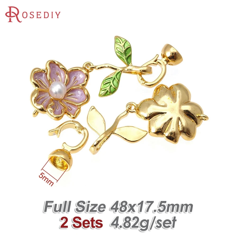 2 Sets 18K Gold Color Brass with Oil Paintings Plastic Imitation Pearls Flower Connect Clasps for Leather Rope Jewelry Making