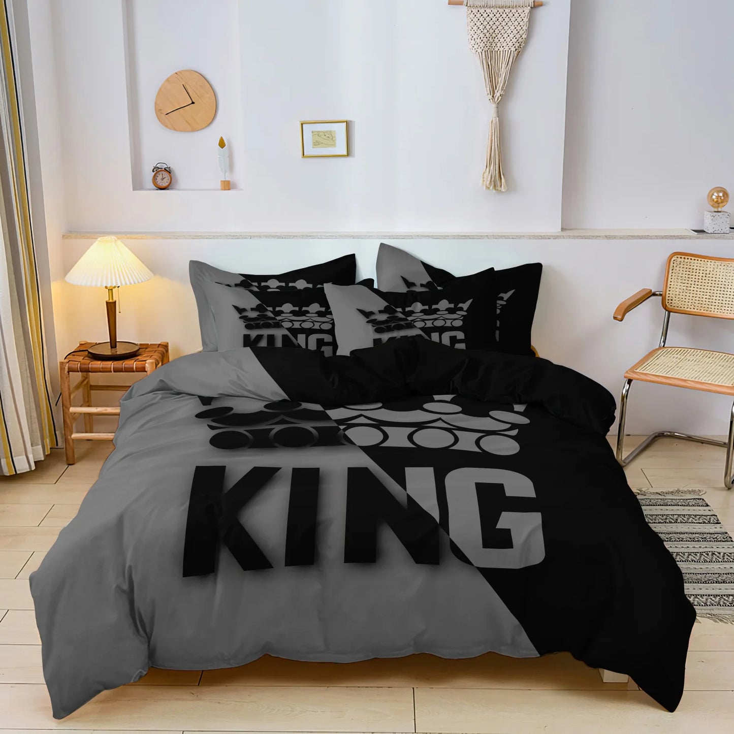 Grey and Black King Size Bed Pattern Down Duvet Cover Set, Soft and Comfortable Bedroom and Dormitory Decoration Bedding Set