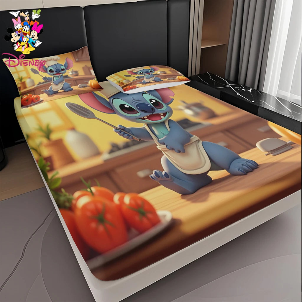 2/3pcs Disney Stitch Chef Fitted Sheet Set 100% Polyester Skin-Friendly & Breathable Bedding Comfortable Cute Soft