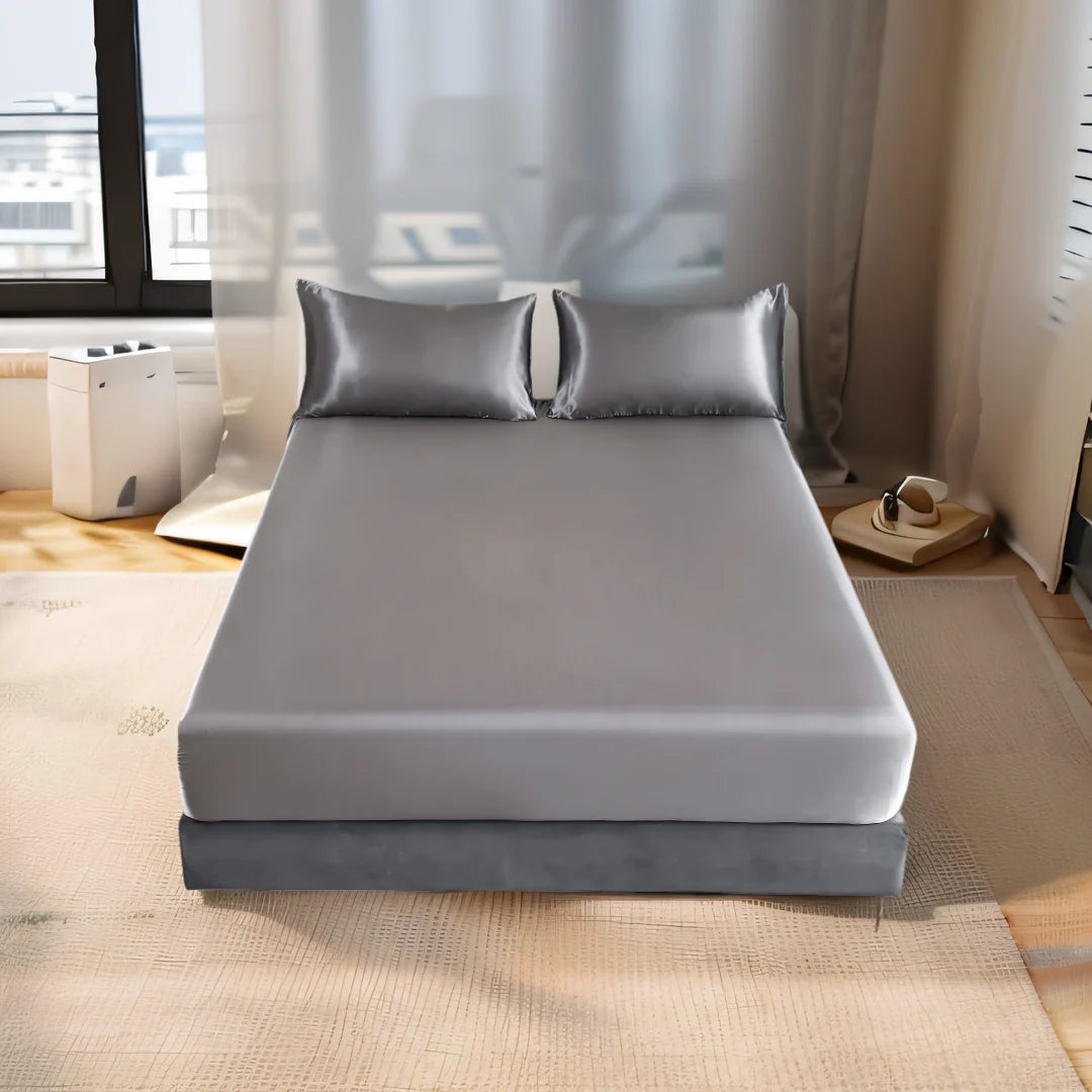 Kuup 3pc Satin luxury Solid Color Bed Fitted Sheet and Pillowcase Upscale Adjustable Mattress Covers 4 Corners With Elastic Band