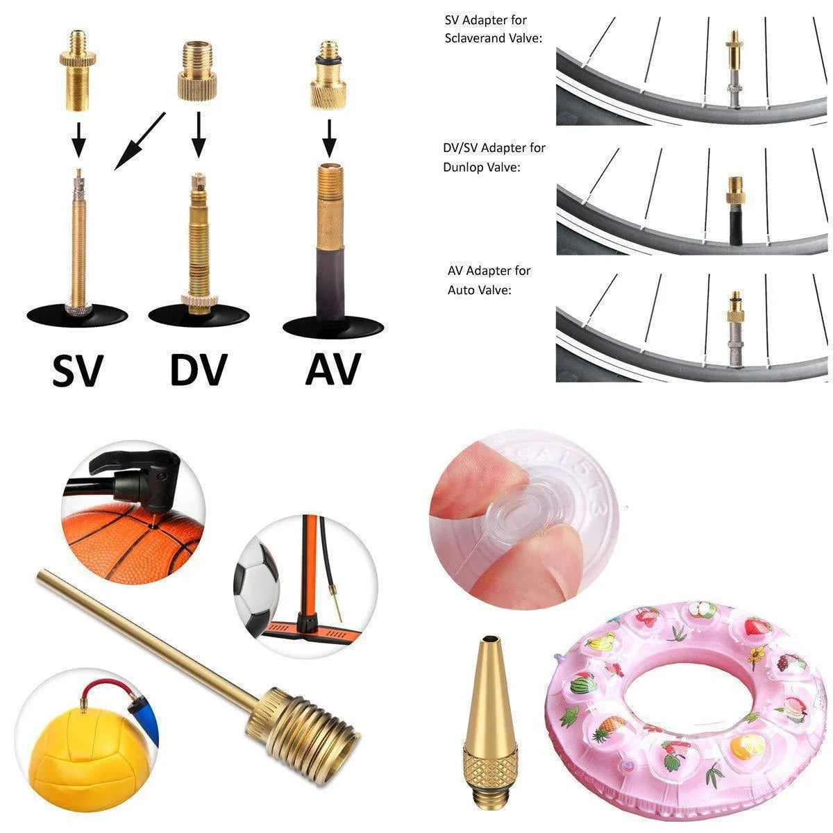 Copper Bicycle Valve Adapter Set Bike Tire Pump Adapter Kit Inflator Pump Accessory Valve adapter SV AV DV Bicycle valve