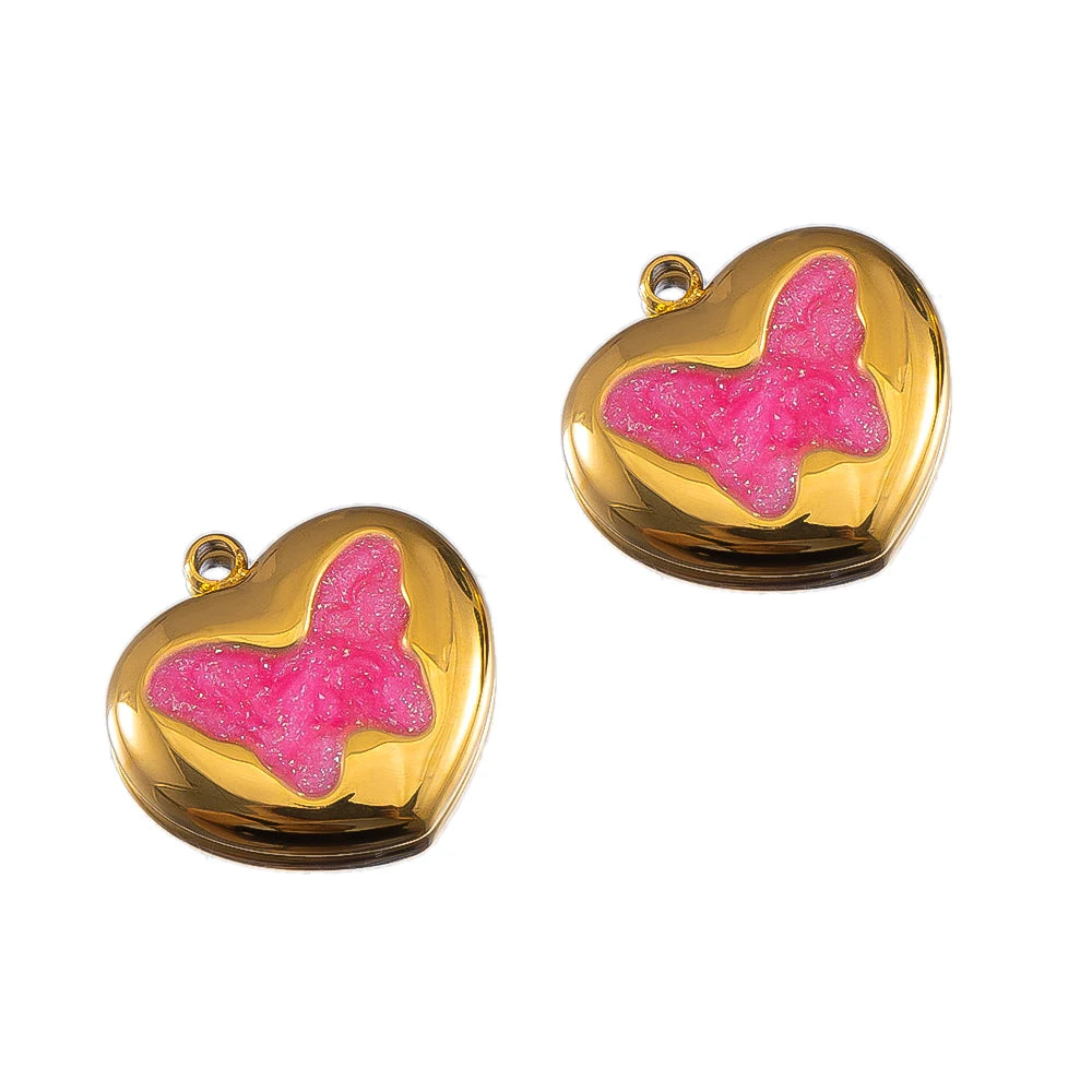 2pcs Enamel Butterfly Lava Love Heart Charms 304 Stainless Steel Pendant Base Crystal Bead DIY Jewelry Making Earrings Necklaces