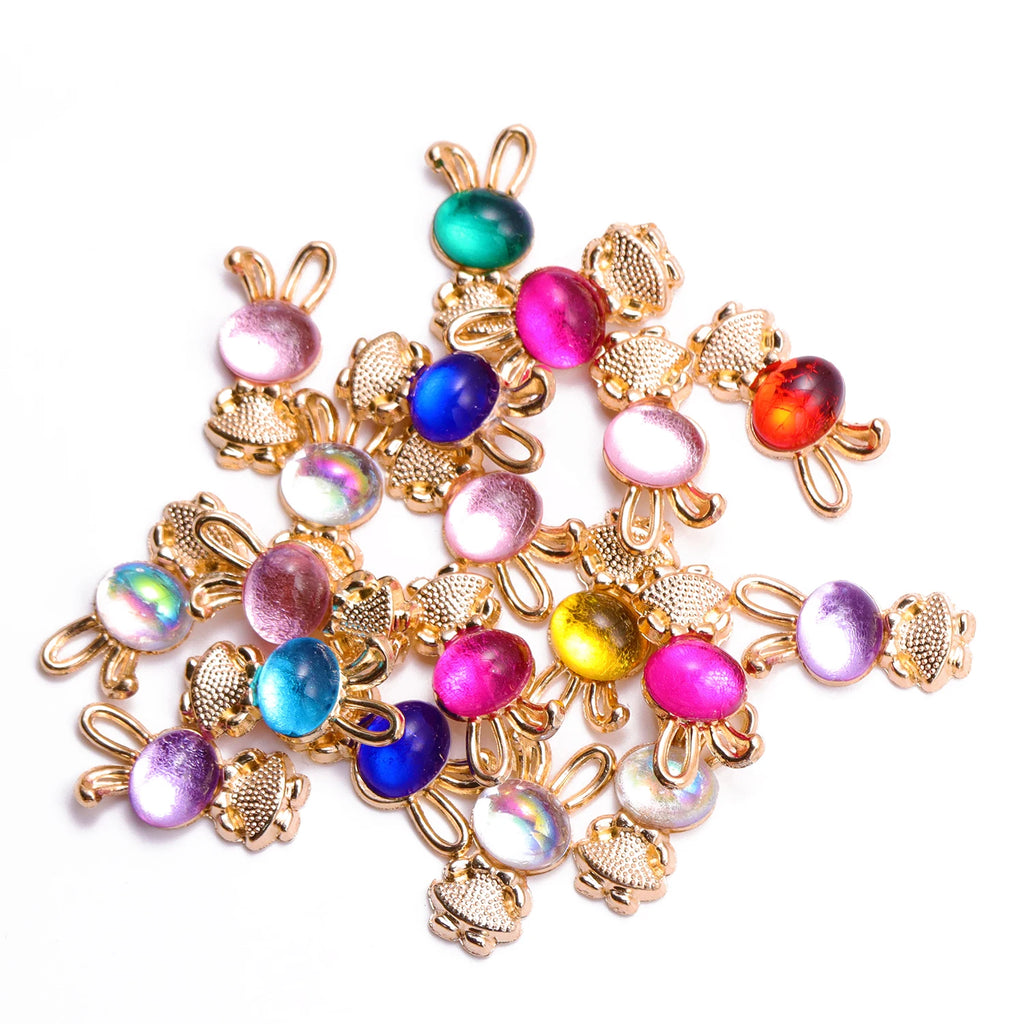 10Pcs Mix Multi Coloured Cartoon Crystal Rabbit Pendants Gold Color Metal Charms For Jewelry Making DIY Earrings Necklace Crafts