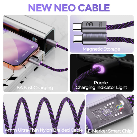 PD 240W Magnetic USB-C to USB-C Cable Short Type C to Type C Fast Charging Cable Braided Charger Cord Cable Organizer for Phone