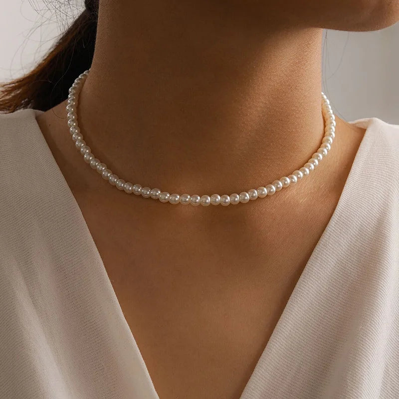 Aihua Simple Copper Beads Chain Choker Necklace for Women Men Kpop Fashion Silver Color Small Ball Short Clavicle Chain Necklace