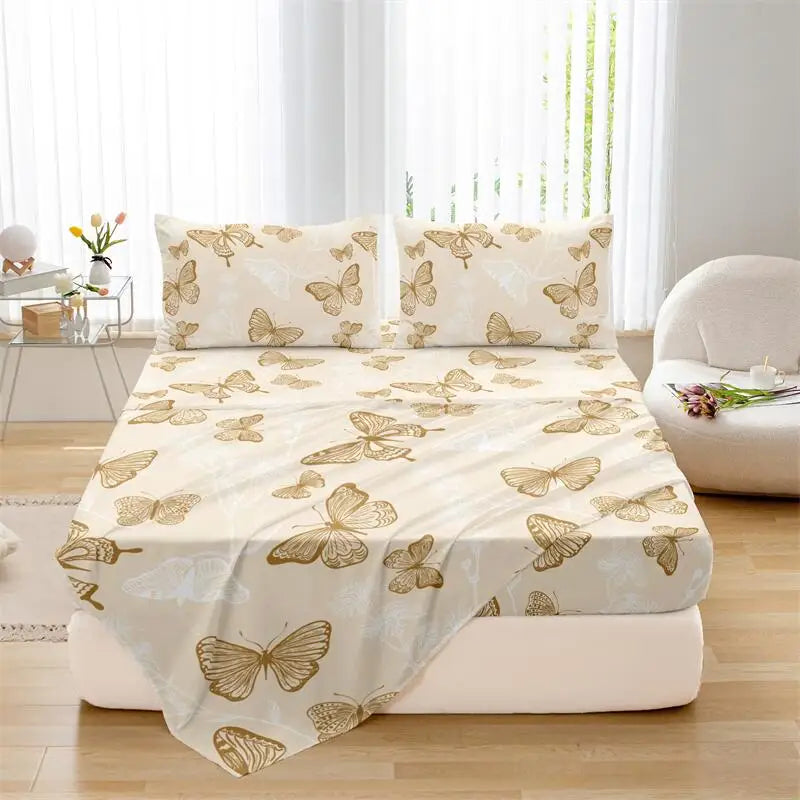 4pcs Butterfly brushed Fitted sheet+flat sheet+pillowcase set skin friendly breathable Queen Size Flat bed sheet Pillowcases
