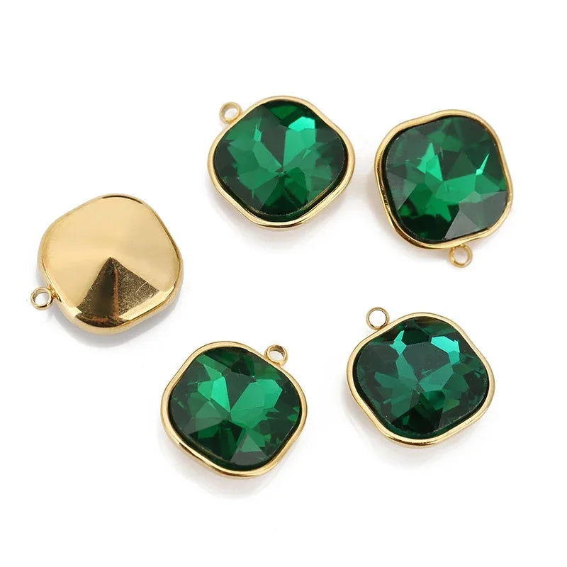 5pcs/lot Stainless Steel Square Pendant Rectangle Faceted Glass Crystal Charms for Bracelets Earring Necklace Jewelry Making