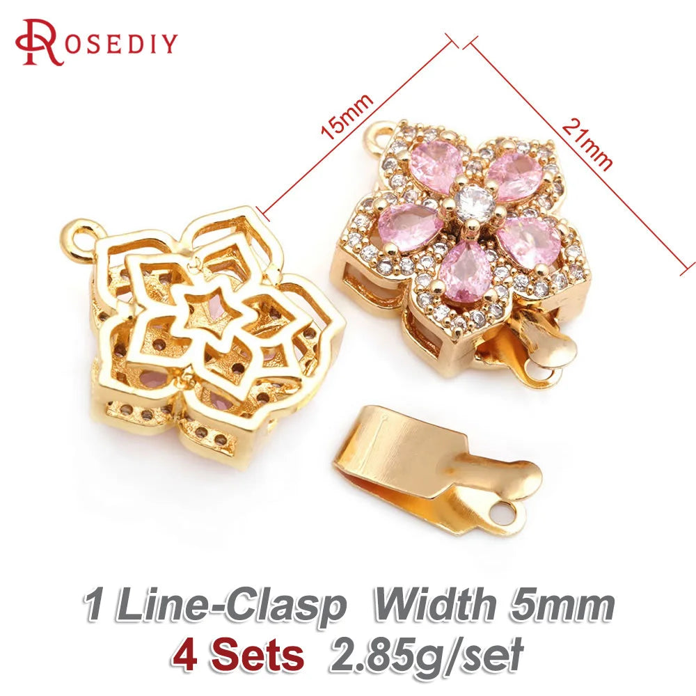4 Sets Full Size 21x15MM 18K Gold Color Brass Zircon Flower Necklaces Connect Clasps High Quality Diy Jewelry Making Supplies