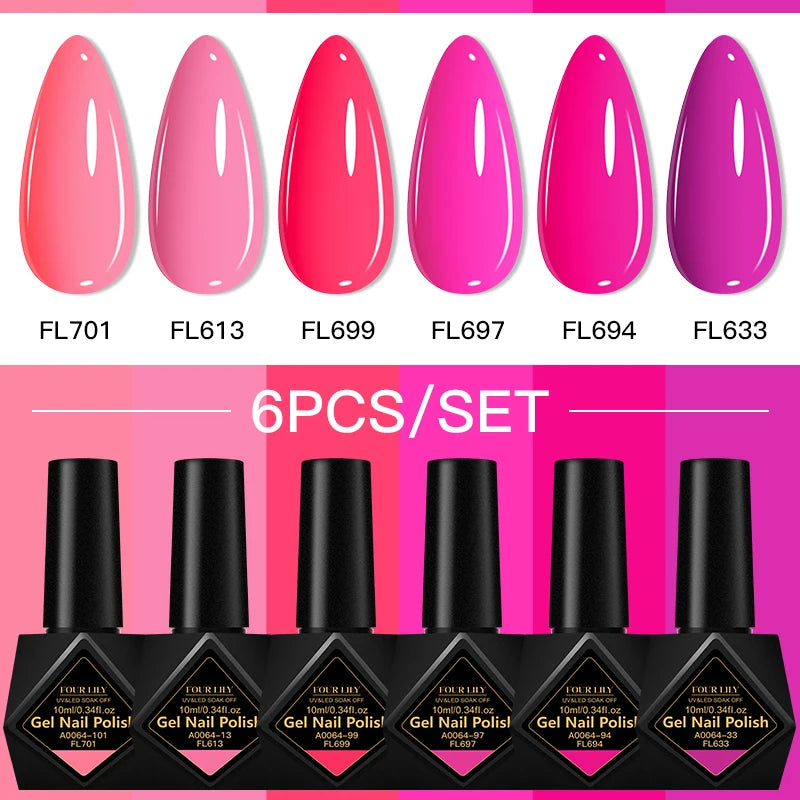 6Pcs/Set 10ML Gel Nail Polish Set Bright Pink Glitter Semi Permanent Soak Off UV LED Gel Varnish Nail Art Design Manicure Kit
