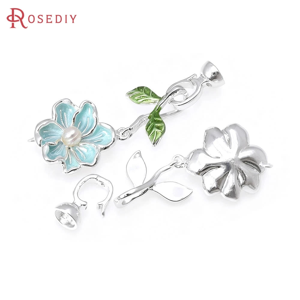 2 Sets 18K Gold Color Brass with Oil Paintings Plastic Imitation Pearls Flower Connect Clasps for Leather Rope Jewelry Making