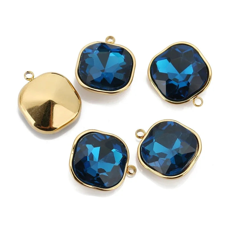 5pcs/lot Stainless Steel Square Pendant Rectangle Faceted Glass Crystal Charms for Bracelets Earring Necklace Jewelry Making