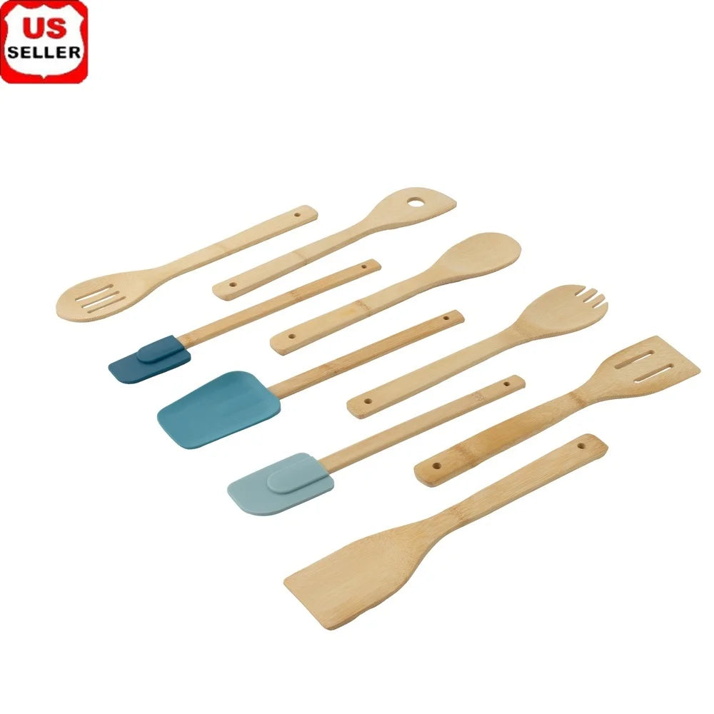 9-Piece Bamboo Kitchen Utensil Set Silicone Cooking Tools Heat-Resistant Non-Stick Spatula Spoon Easy to Clean Cooking