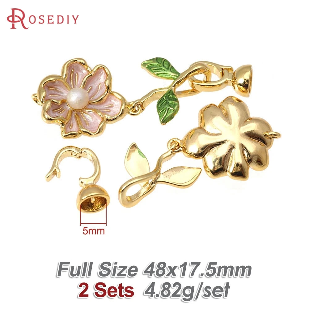 2 Sets 18K Gold Color Brass with Oil Paintings Plastic Imitation Pearls Flower Connect Clasps for Leather Rope Jewelry Making