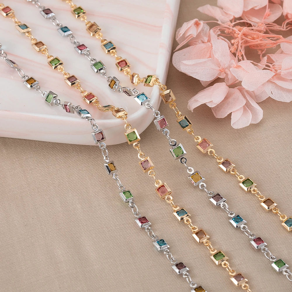 1 Meter Bohemian Square Crystal Bead Copper Chain for DIY Necklace Bracelet Jewelry Making Supplies