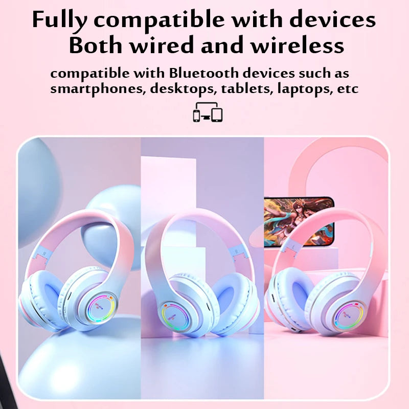 Wireless Bluetooth Headphones Multi-color Light Headsets with Microphone can be Inserted SD Card HIFi Stereo Earphone