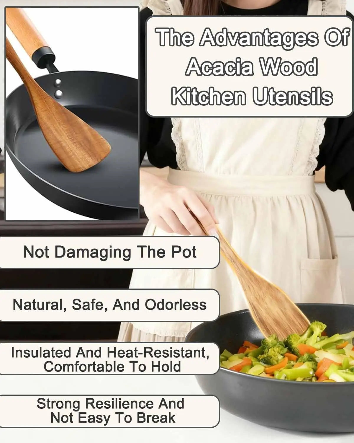 5 Pcs Natural Wooden Utensil Set, Safe for Non-Stick Pans. Kitchen Cooking Spatula Spoon Turner, 37cm