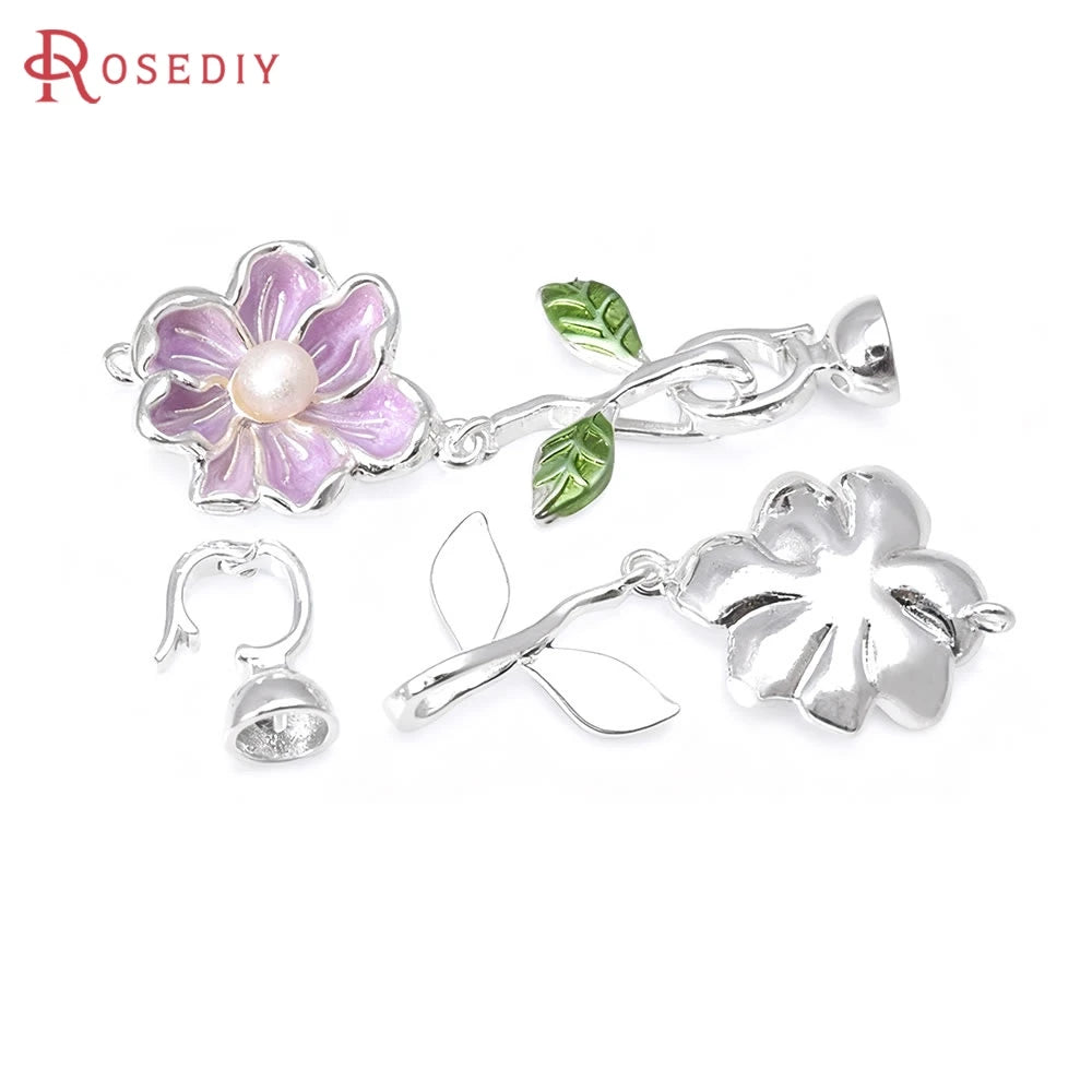 2 Sets 18K Gold Color Brass with Oil Paintings Plastic Imitation Pearls Flower Connect Clasps for Leather Rope Jewelry Making