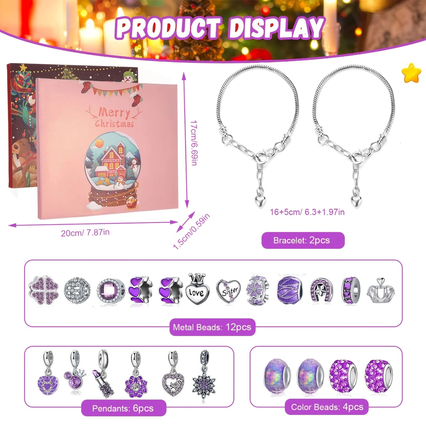 Christmas purple beads DIY jewelry making kit, 24-day countdown Christmas gift box set, very suitable for Christmas gifts