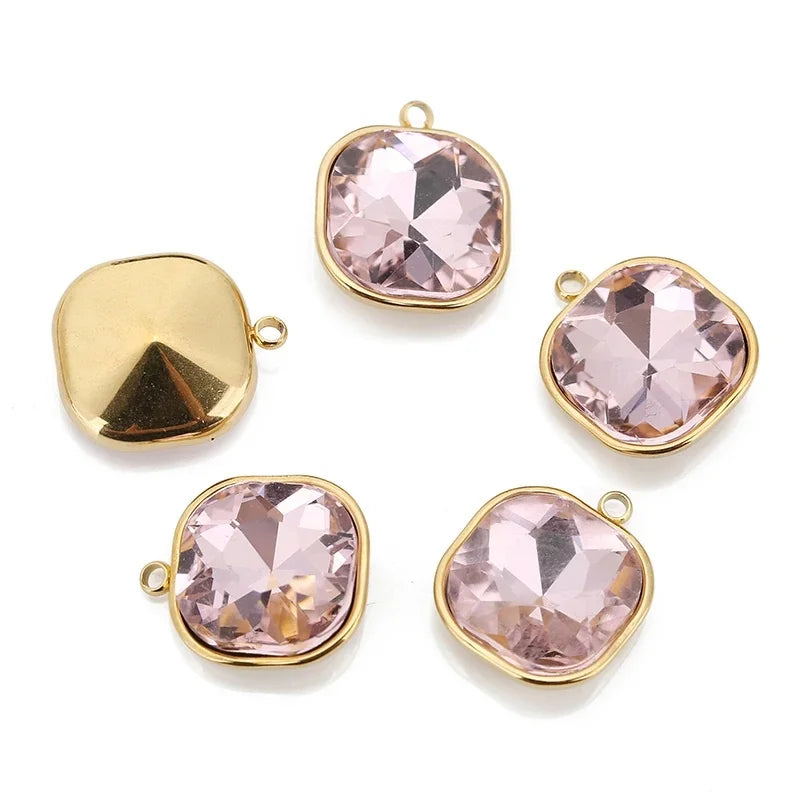 5pcs/lot Stainless Steel Square Pendant Rectangle Faceted Glass Crystal Charms for Bracelets Earring Necklace Jewelry Making