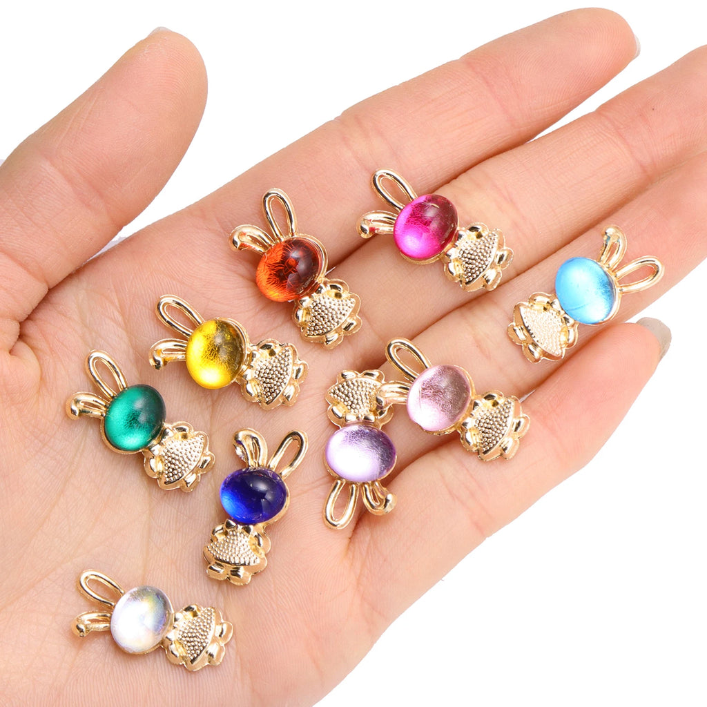 10Pcs Mix Multi Coloured Cartoon Crystal Rabbit Pendants Gold Color Metal Charms For Jewelry Making DIY Earrings Necklace Crafts