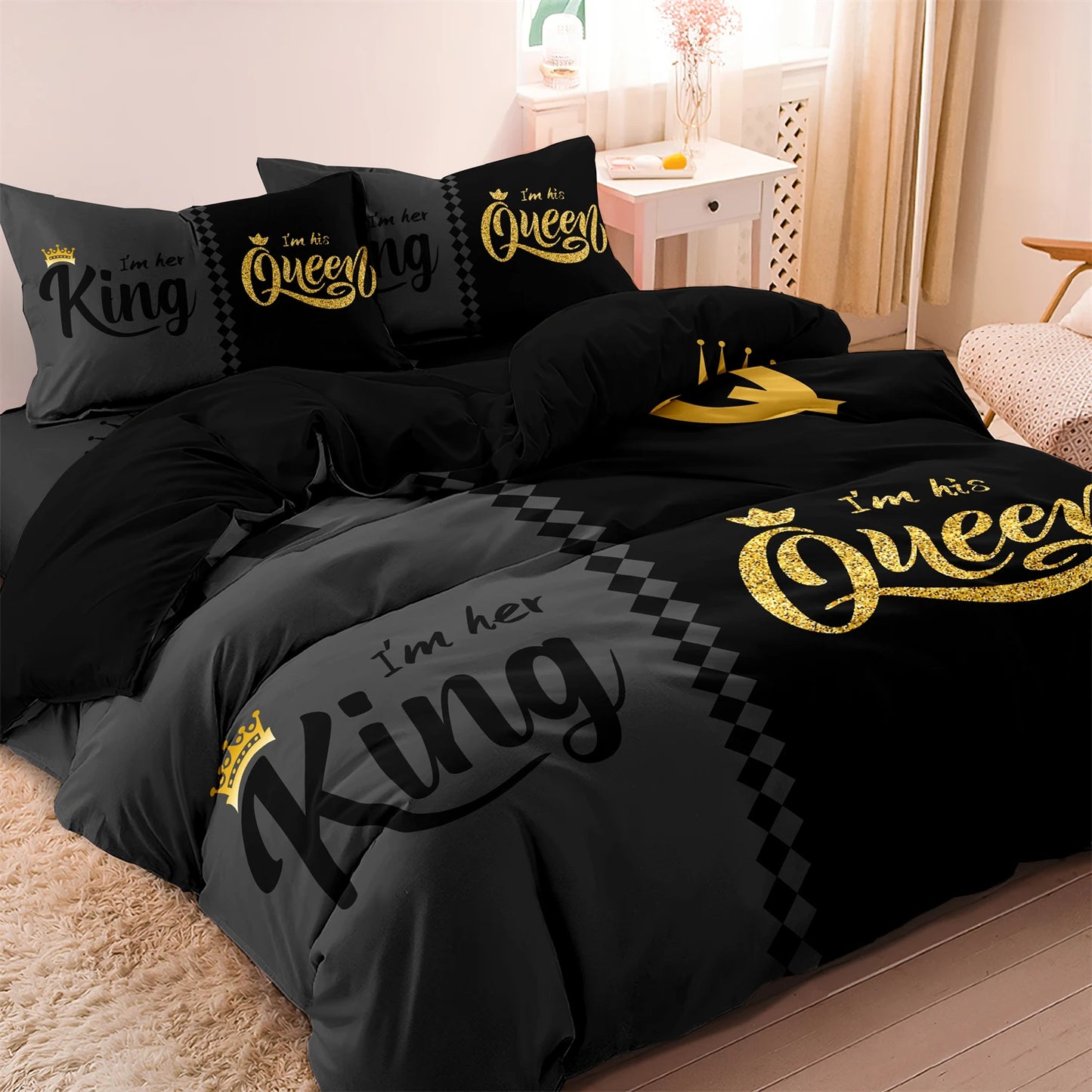 3pcs Fashionable Black Gray Queen & King Crown Printed Bedding Set  Duvet Cover Soft  Comfortable And Breathable, Bedroom, Hotel
