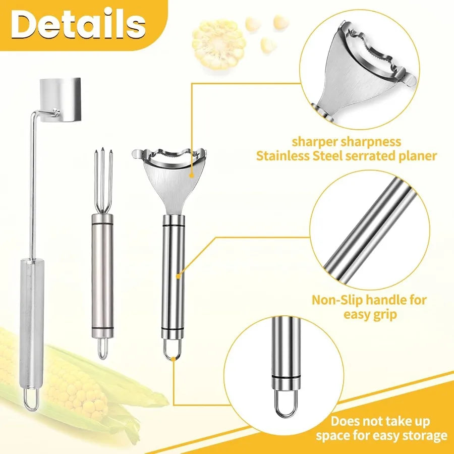 3PCS Corn Peeler Stainless Steel Multutiol Kitchen Grip Corn Planer- Easy to Use Durable Efficient Dishwasher Safe Gadgets for