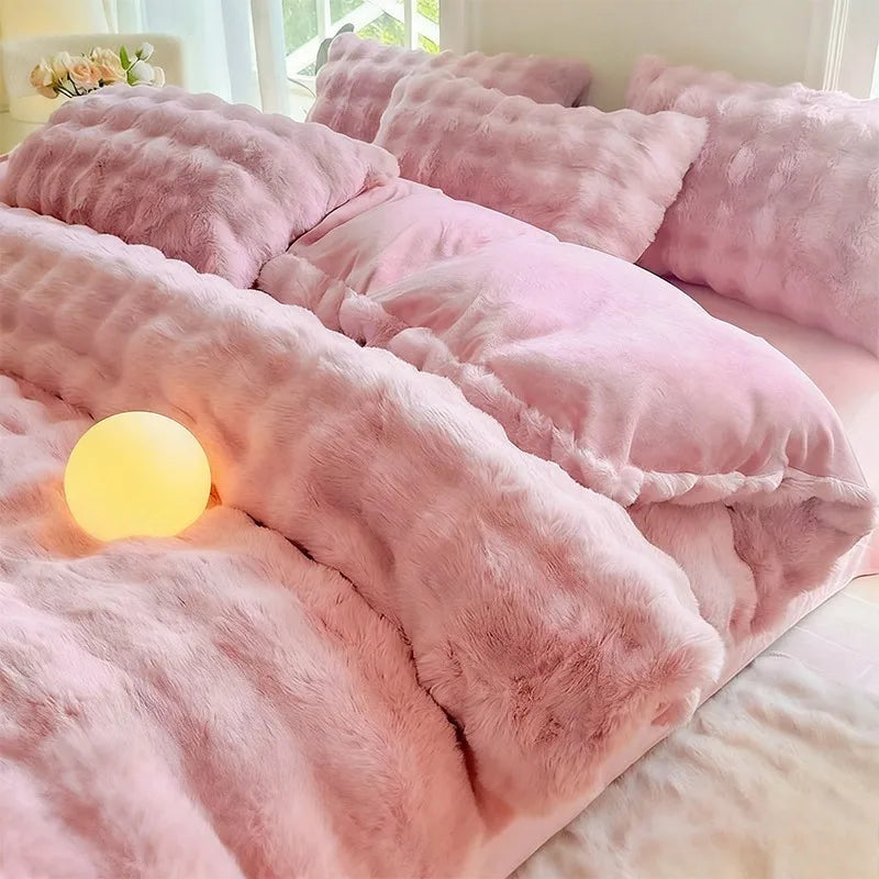 New Rabbit Fur Thickened Milk Velvet Duvet Cover Set Machine Washable Soft SkinFriendly Warm Bed Sheet for Home and Hotel 침구 풀세트