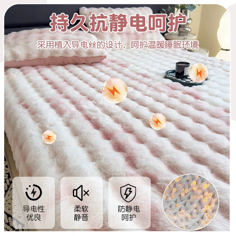 2024 new thickened rabbit plush mattress single piece winter warm plush sheet cover all-inclusive mattress protective cover