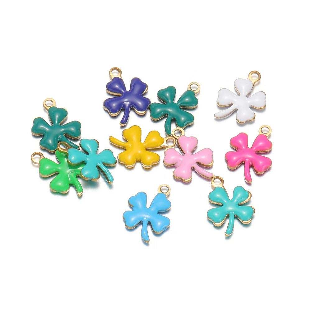 20pcs Stainless Steel Enamel Clover Flower Charms Lucky Pendants DIY Women Jewelry Making for Necklaces Bracelets Accessories