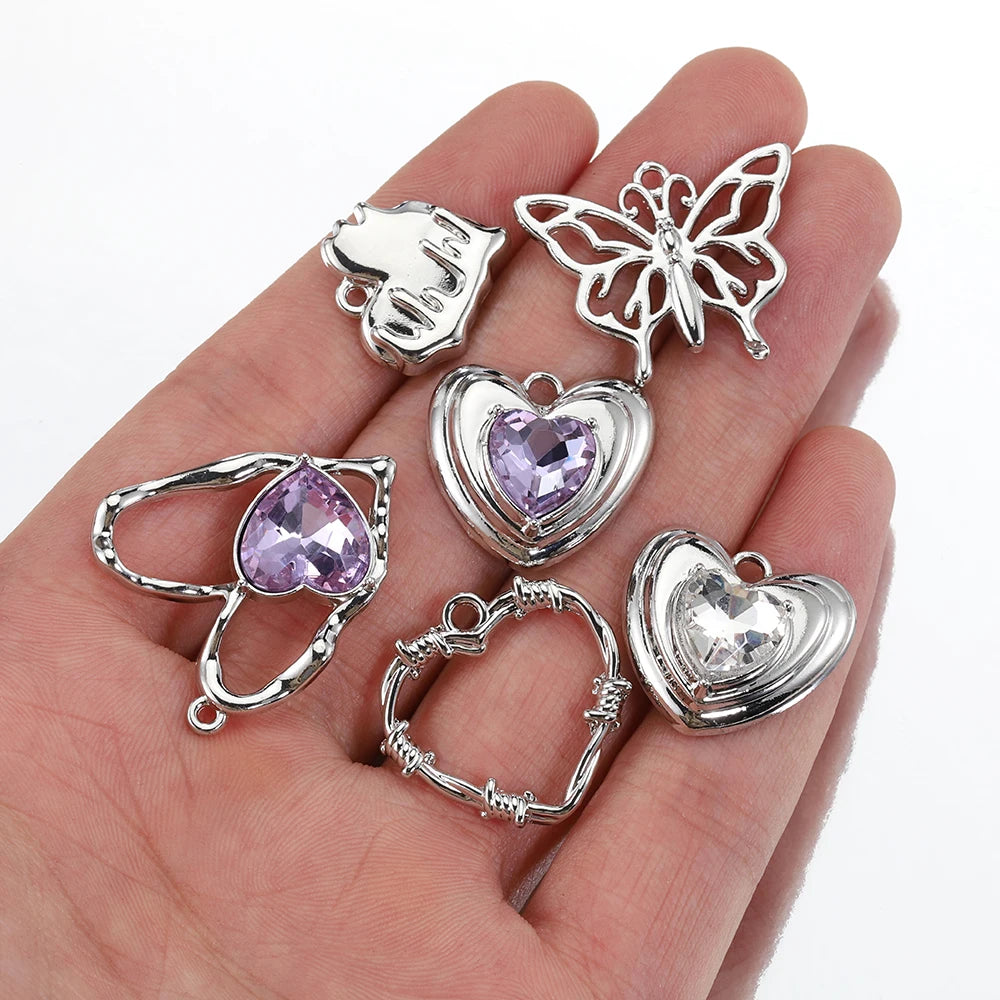 2pcs Rhinestone Chrams Silver Color Crystal Beads Pendants Y2K Style Jewelry Making Accessories Charms for DIY Necklace Bracelet