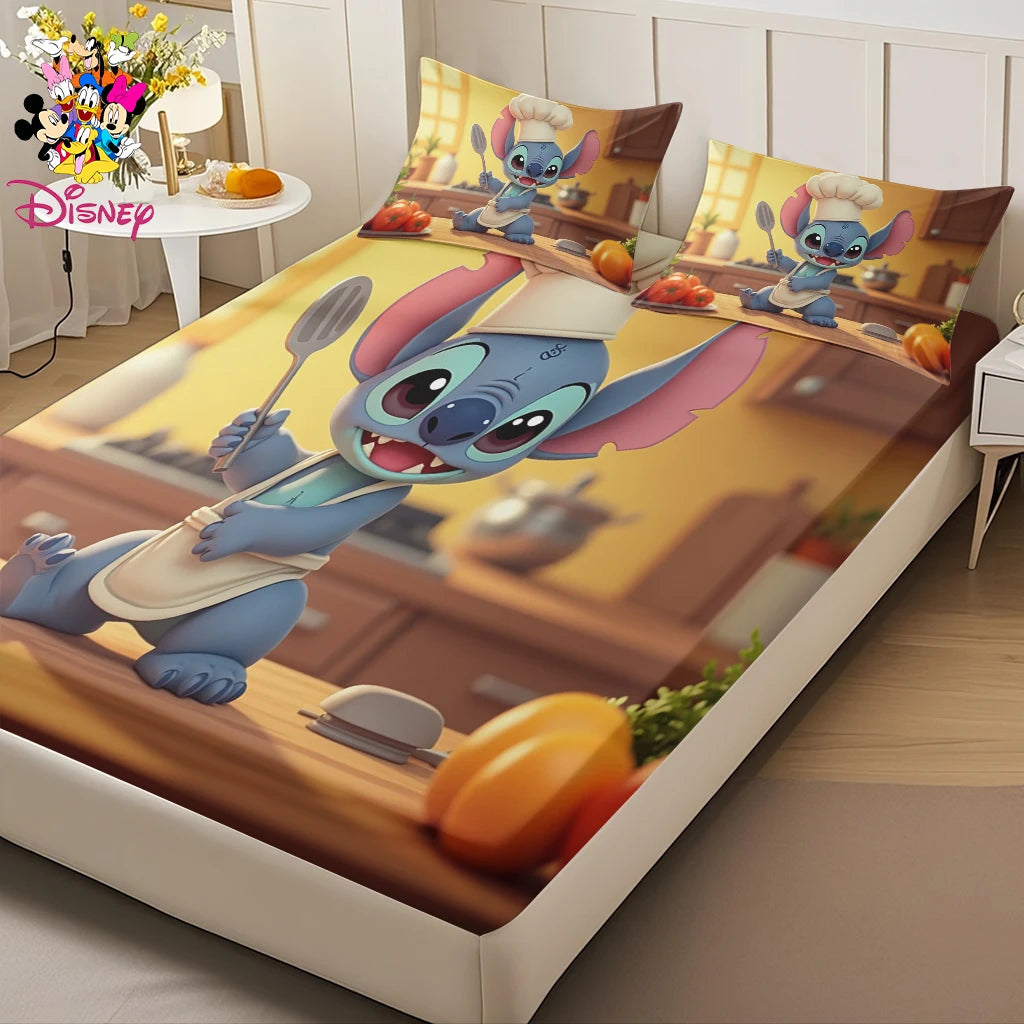 2/3pcs Disney Stitch Chef Fitted Sheet Set 100% Polyester Skin-Friendly & Breathable Bedding Comfortable Cute Soft