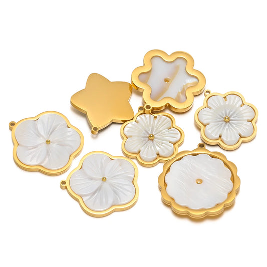3pcs Stainless Steel Flowers Flat White Shell Charms for DIY Women Jewelry Necklace Findings Earrings Pendant Making Supplies