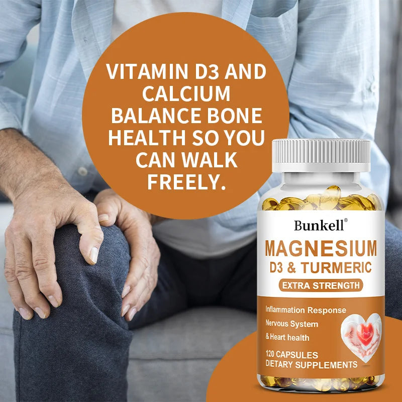 Magnesium Supplement with Turmeric, Vitamin D3 for Immune Support, Muscle Recovery, Nervous Helath, Antioxidant, 120 Capsules