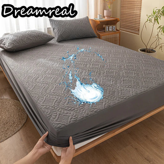 Dreamreal Quilted Waterproof Fitted Sheet with Elastic Band Twin/Full/Double/Queen/King Bed Cover Mattress Protector Solid Color