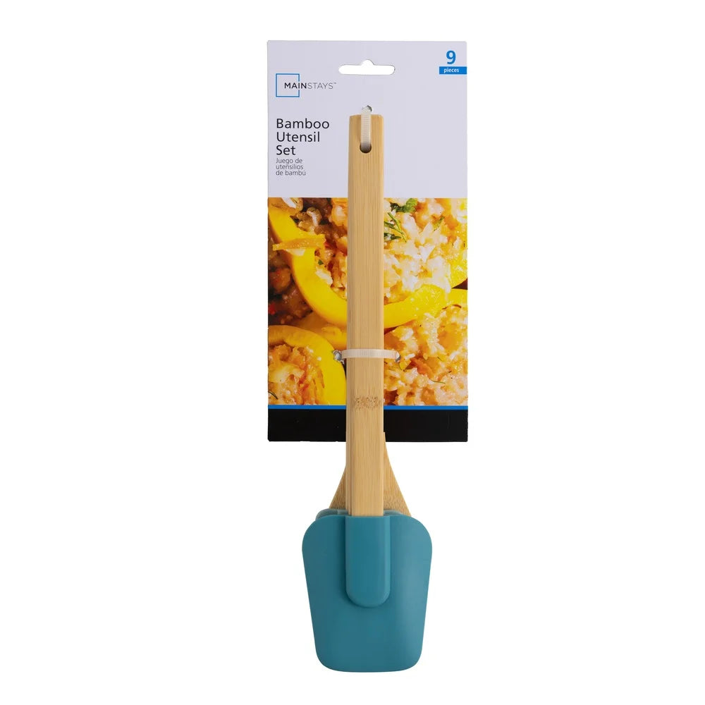 9-Piece Bamboo Kitchen Utensil Set Silicone Cooking Tools Heat-Resistant Non-Stick Spatula Spoon Easy to Clean Cooking