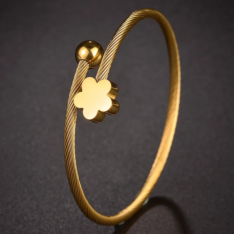 Fashion 2023 New Gold Color Star Charm Bangle For Women Stainless Steel Flower Circle Bracelet Girl Party Jewelry Gift