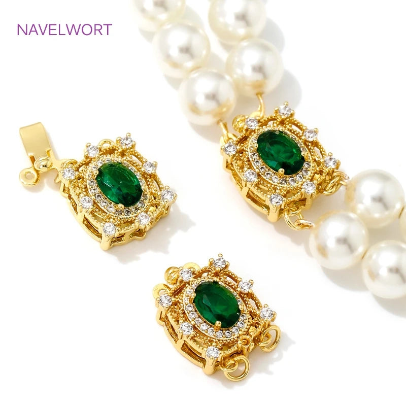 18K Gold Plated with Green Crystal Box Safety Clasp Brass Pearl Necklace Clasps Connector,For DIY Jewelry Making Accessories